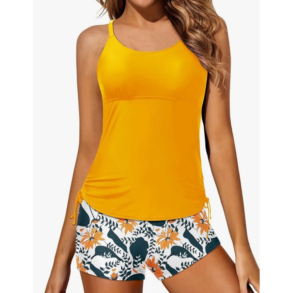 Yonique Womens Yellow Tankini Set Floral Boy Shorts Strappy Caged Back XXL NEW